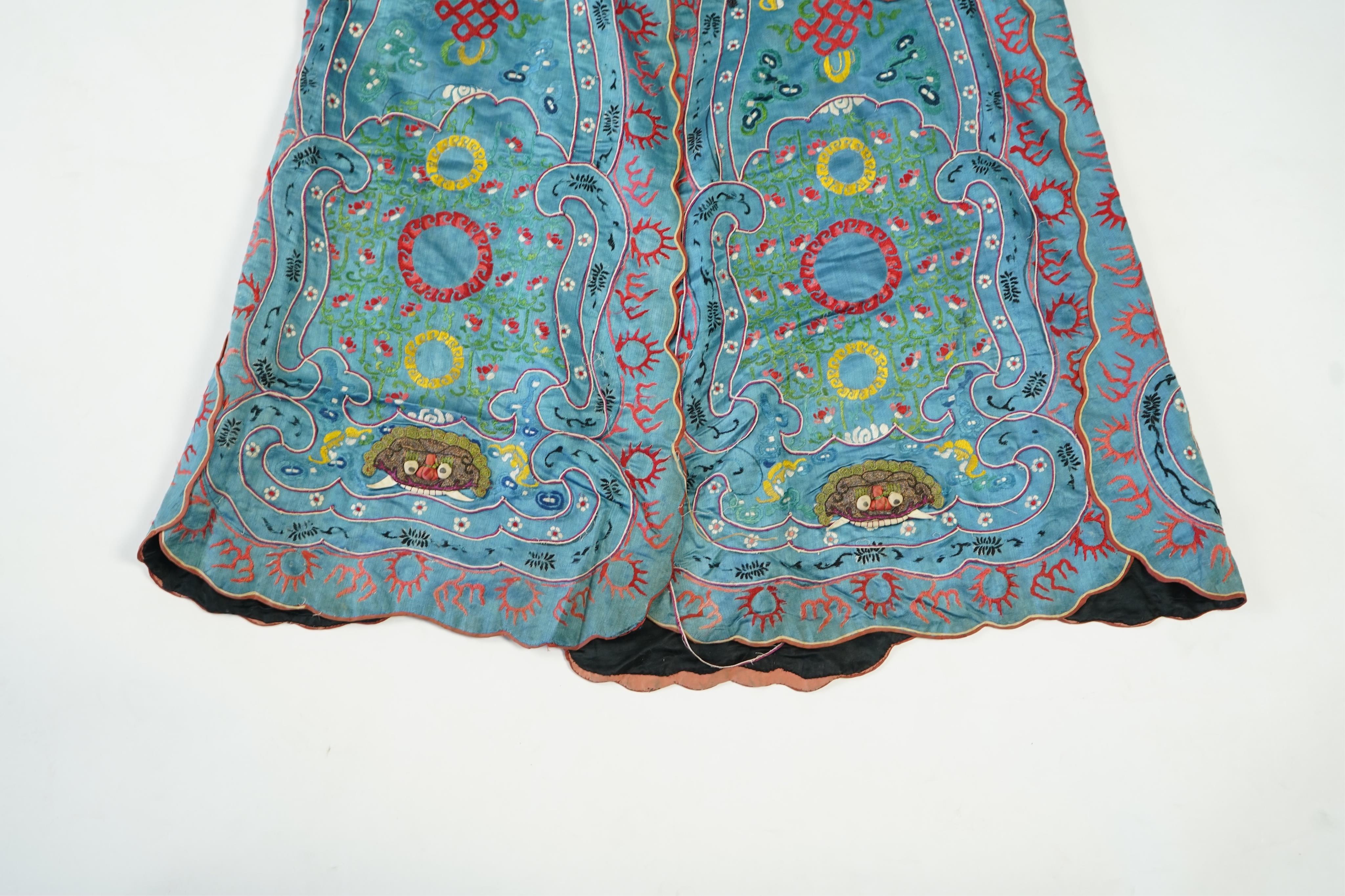An unusual late 19th early 20th century Chinese silk embroidered robe, made for the tiger role, Jing, who symbolises power, bravery, protection and royalty. A character often used in Chinese opera, theatre and performing